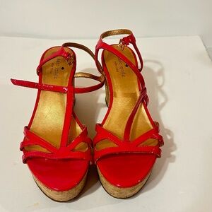 kate spade pink Patent Cork Wedge Sandals with Ankle Strap